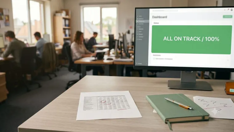 A team's dashboard reads 100% on track, while a printout on the desk shows a key figure circled and corrected in red pen.